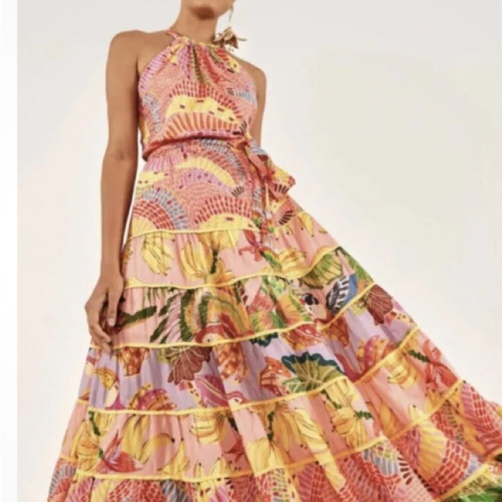 Farm Rio size large mixed pink print maxi banana Colorful Tropical Print Dress